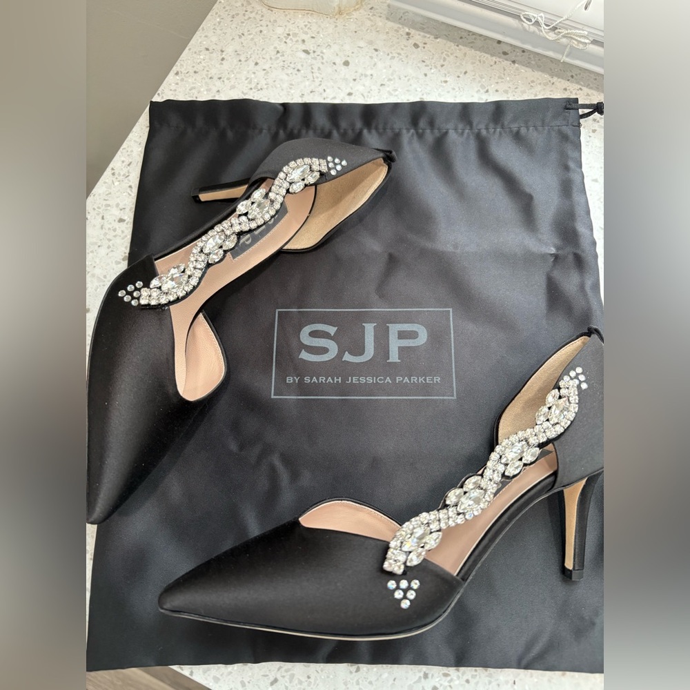 SJP by Sarah Jessica Parker Black Satin Crystal-Embellished Pointed Pumps - Picture 2 of 10